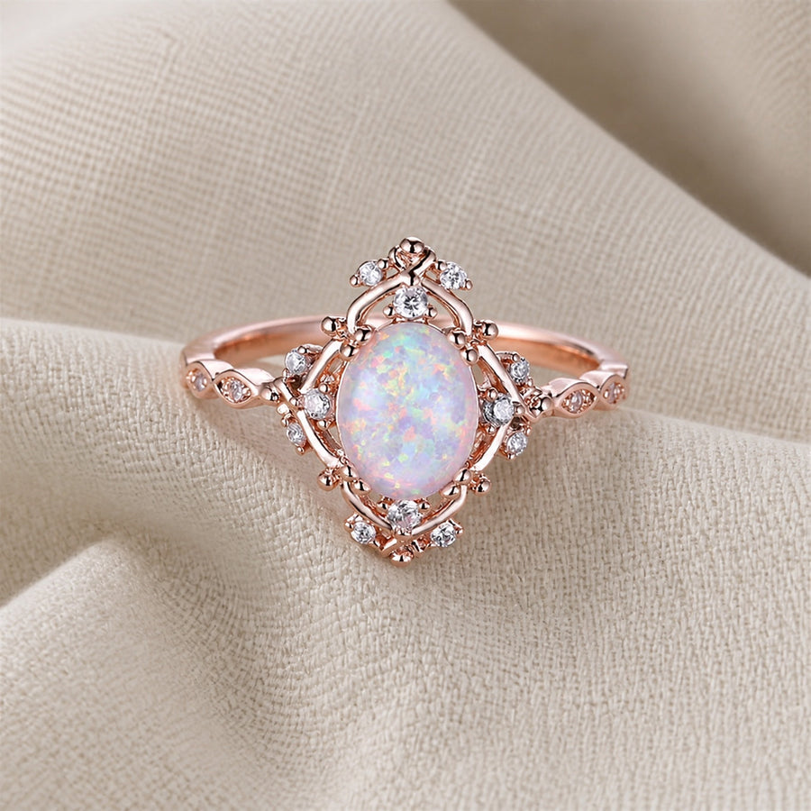 White Fire Opal Oval Stone Flower Ring