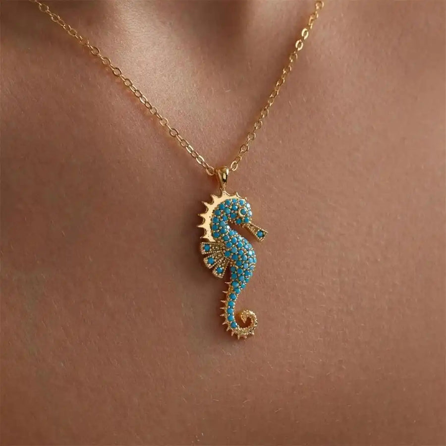 Gold Seahorse Turquoise Pendant Necklace