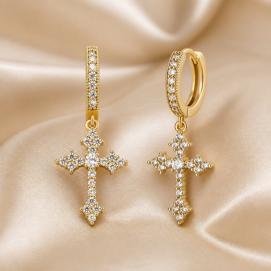 White Gold Cross Zirconia Inlaid Earrings