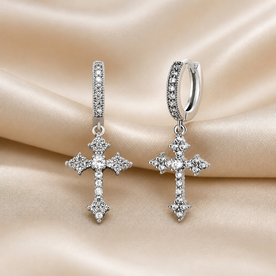 White Gold Cross Zirconia Inlaid Earrings