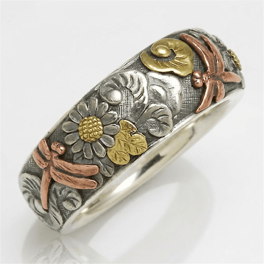 Dragonfly Sunflower Silver Ring